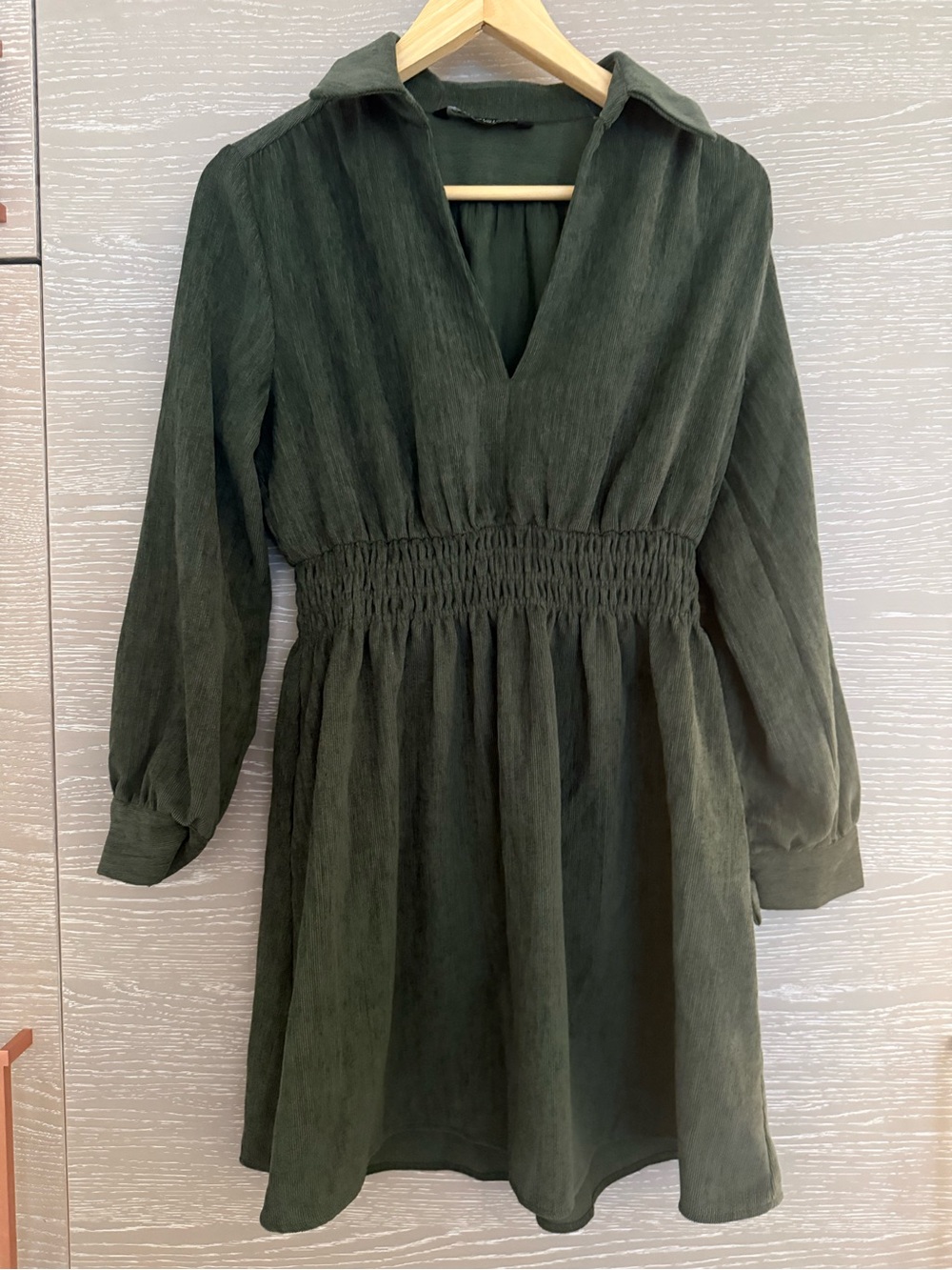 Zara Dark Green Smocked Waist Long Sleeve Mini Dress